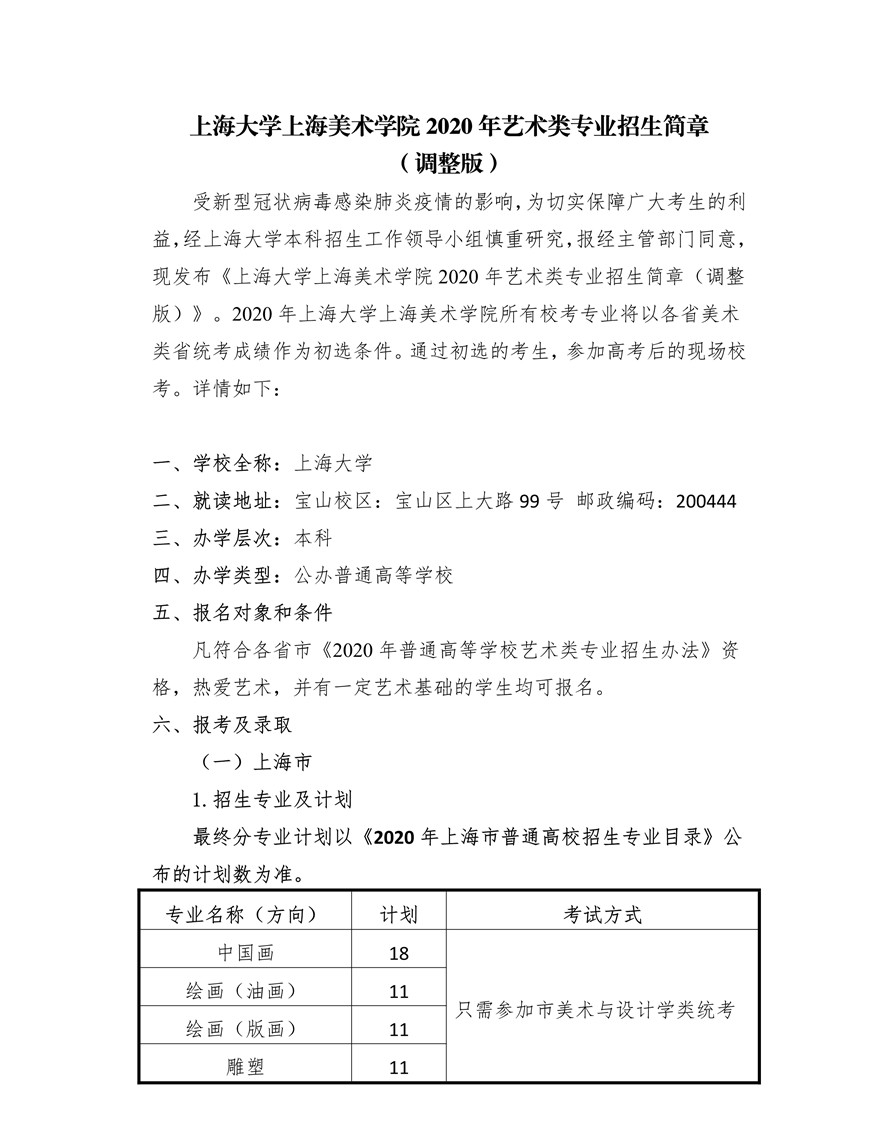 上海大學上海美術(shù)學院2020年藝術(shù)類專業(yè)校考招生簡章調(diào)整版